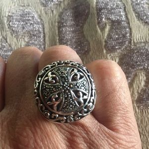 Sterling and marcasite cross scroll ring
